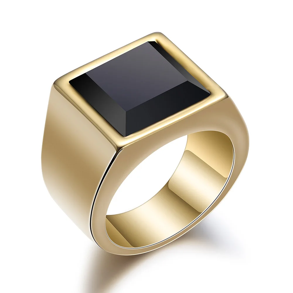 

Men Wedding Present Pinky Stainless Steel Black Onyx Signet Ring Real 18k Gold Plated Square Black Stone Signet Ring