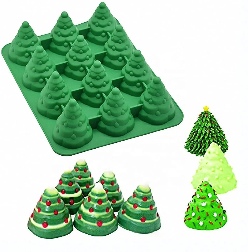 

12 Cavity 3D Christmas Tree Mold Xmas Tree Pan Silicone Mold for Mousse Cake Muffin Baking Jello Chocolate Soap Candle