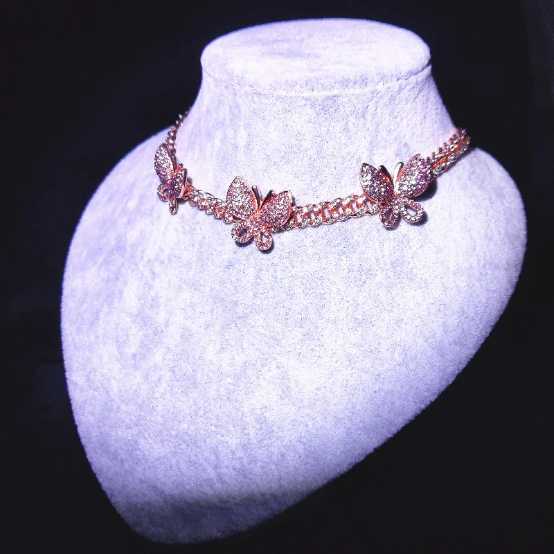 

Luxury Hiphop 8mm Miami Iced Out Butterfly Cuban Chain Necklace Chunky Zirconia Rhinestone Crystal Butterfly Choker Necklace