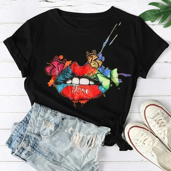 

2021 Summer Fashion Lip Print Women's Round Neck Short Sleeves, As pictures