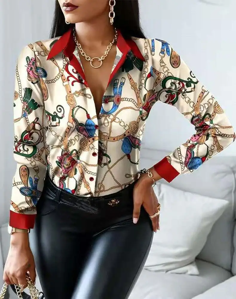 

New Arrivals 2021 Women Chain Scarf Print Blouse Button Design Shirt Long Sleeves Chain Shirt