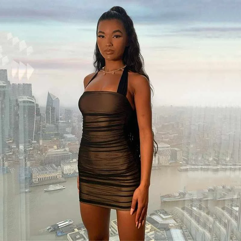 

Summer New Fashion Sheer Dress Ruched Bodycon Mini Dress Backless Halter Neck Dress Club Wear, 2 colors as picture
