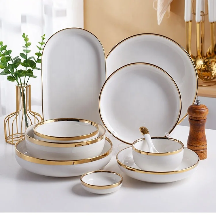 

Nordic Style Smooth Solid White Round Airline Dishes And Plates With Gold Rim Ceramic Dining Dinner Plate