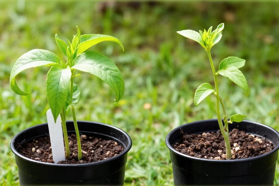 Comparison of healthy pepper seedlings versus leggy, weak seedlings due to insufficient light conditions