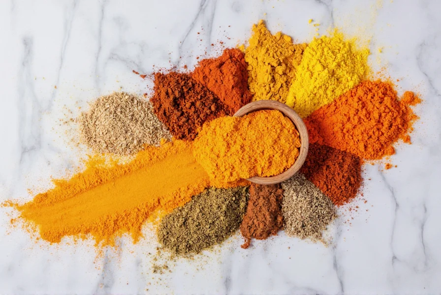 Colorful bowl of turmeric, cumin, and other spices arranged artistically on marble surface