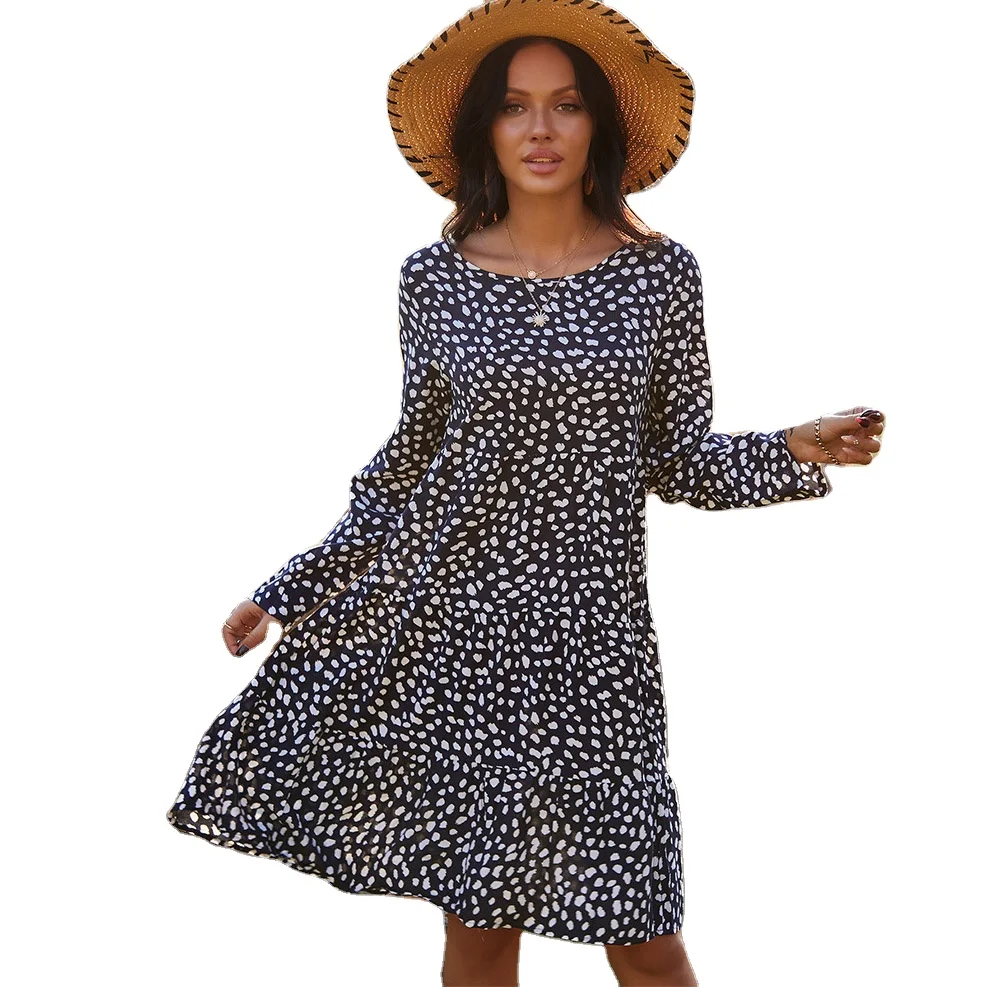 

Summer 2022 Custom Printed Ladies Casual Loose Midi Dress Elegant Fashion Long Sleeve Floral Round Neck Dress