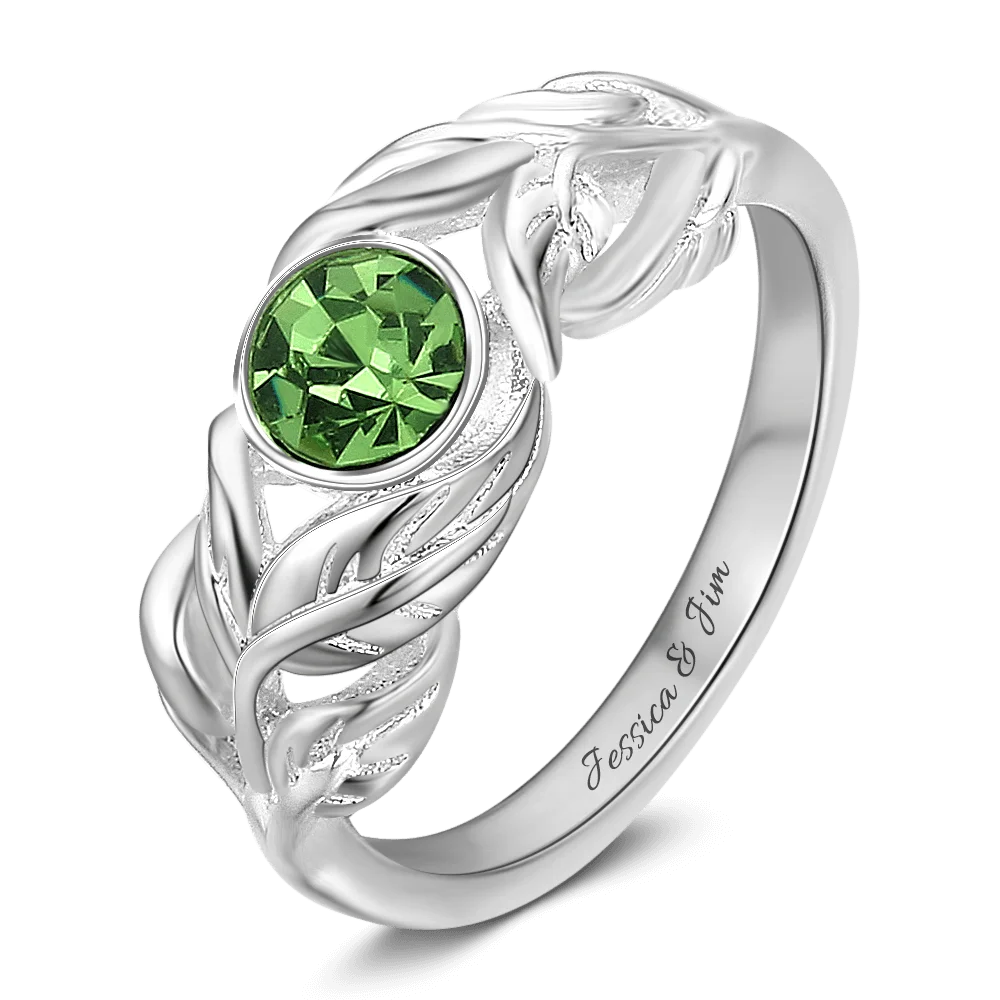 

Personalised Women Rings Engraved Lettering Green Gemstone Birthstone Leaf S925 Sterling Silver Ring