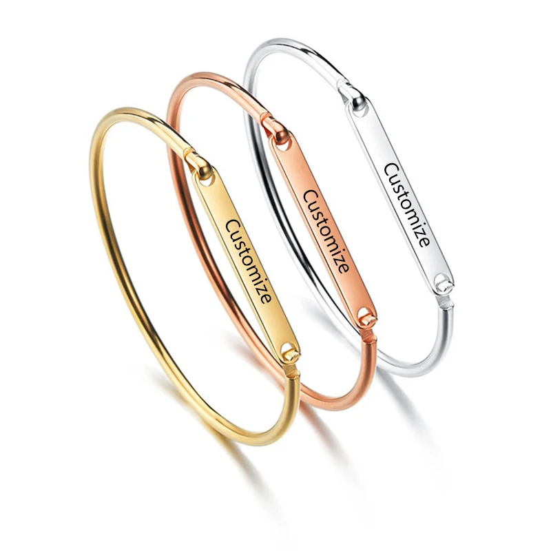 

Gold Stainless Steel Personalized Name Blank Bar Bnagle Custom Bracelet, Silver, gold, rose gold