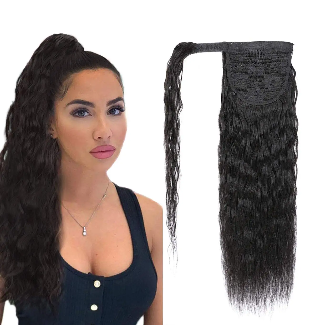 

Factory Wholesale price long kinky straight wrap around synthetic ponytails hot sale quality 22 Inches pony tail hair extension, One color