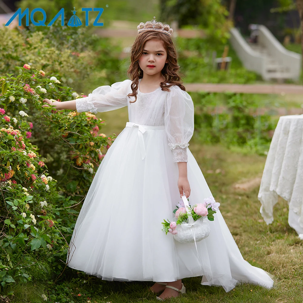 

Hot Sale Girls White First Communion Dress Kids Floor Length Trailing Party Dress Flower Wedding Ball Gown
