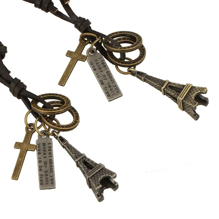 

Leather Eiffel Tower Cross Pendant Necklace Adjustable String Chain Necklaces For Women Men Jewelry gift