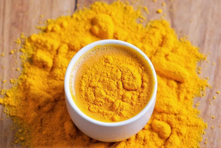 Golden turmeric coffee in a ceramic mug with turmeric root and black pepper