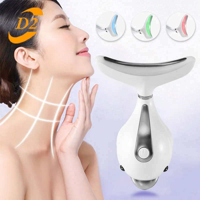 

D2 3 Colors Led Facial Neck Massager PhotonTherapy Heating Face Neck Wrinkle Removal Machine Reduce Double Chin Skin Lift