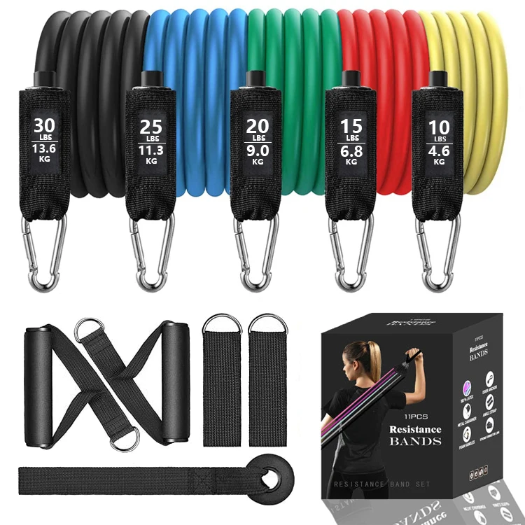 

Factory price wholesale High quality Foam bar Custom LOGO exercise power band Latex 11 pcs Resistance band, Black,green, yellow,red, blue