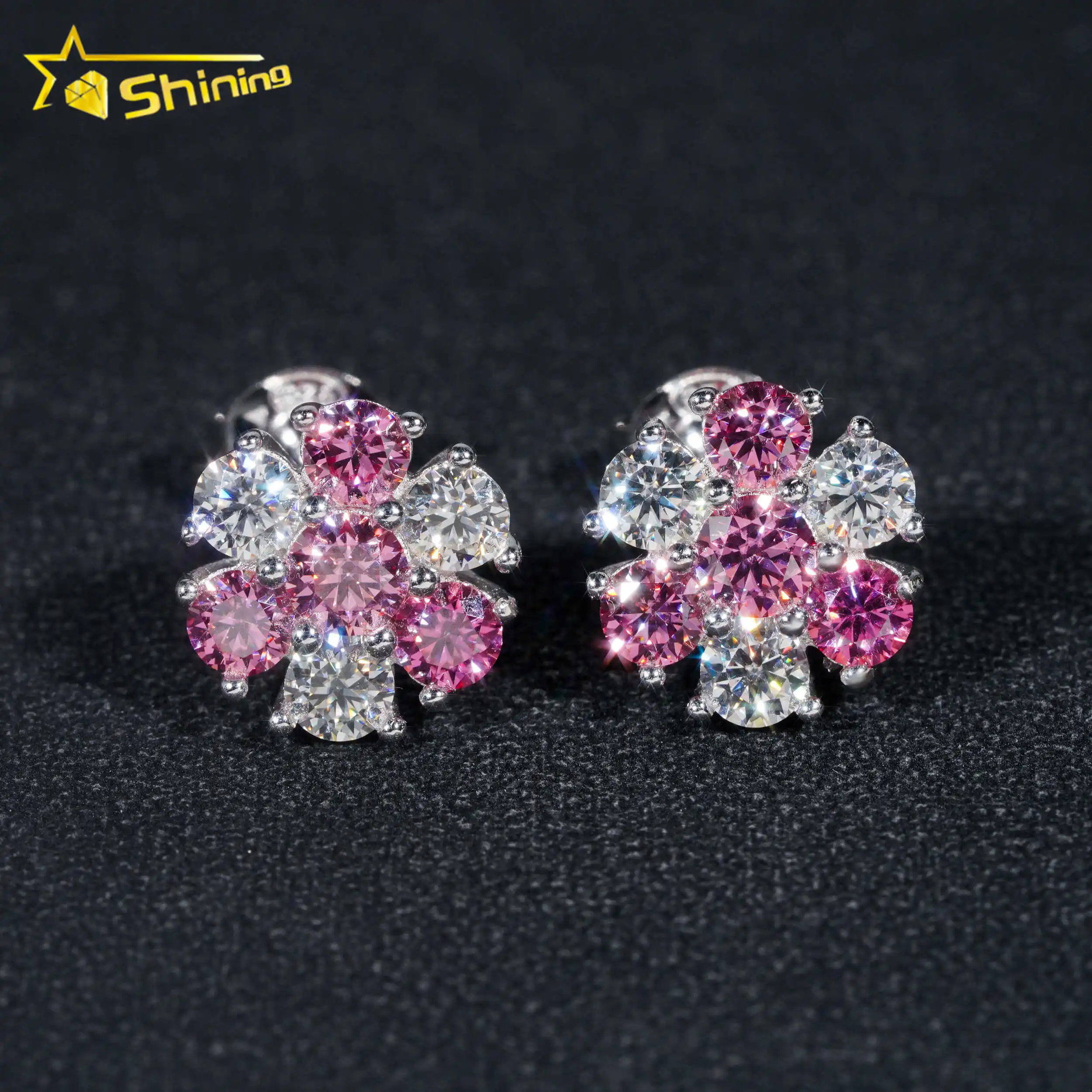 Hip Hop Jewelry Pass Diamond Tester 925 Sterling Silver VVS Diamond Moissanite Stud Earring Colored Flower Cluster Earrings