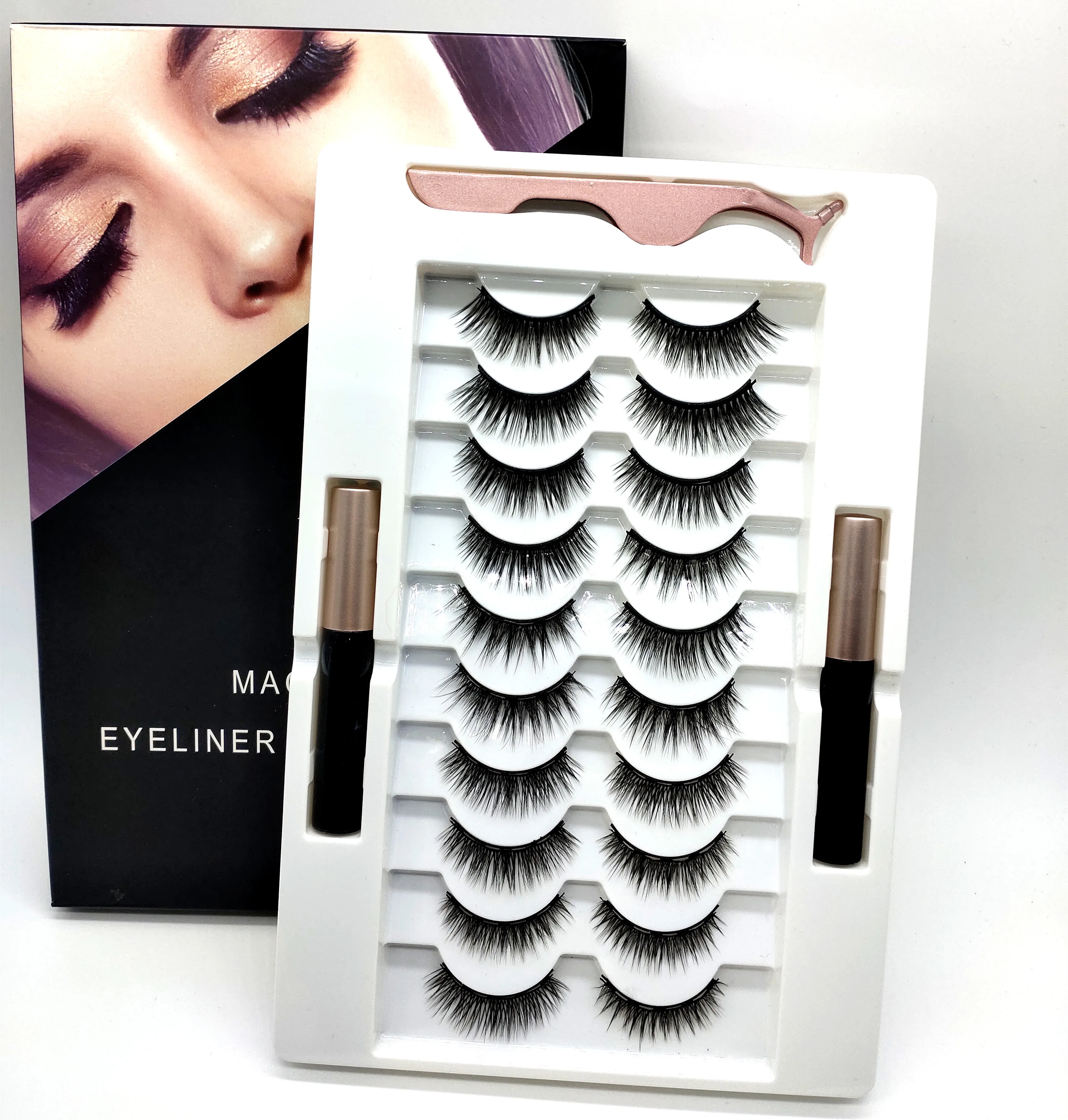 

2020 New Product No Glue Patent Technique Hot Magnetic Eyeliner Eyelashes Kits 10 Pairs in 1Tray Eyeliner Makeup Mirror Tweezer, Custom color