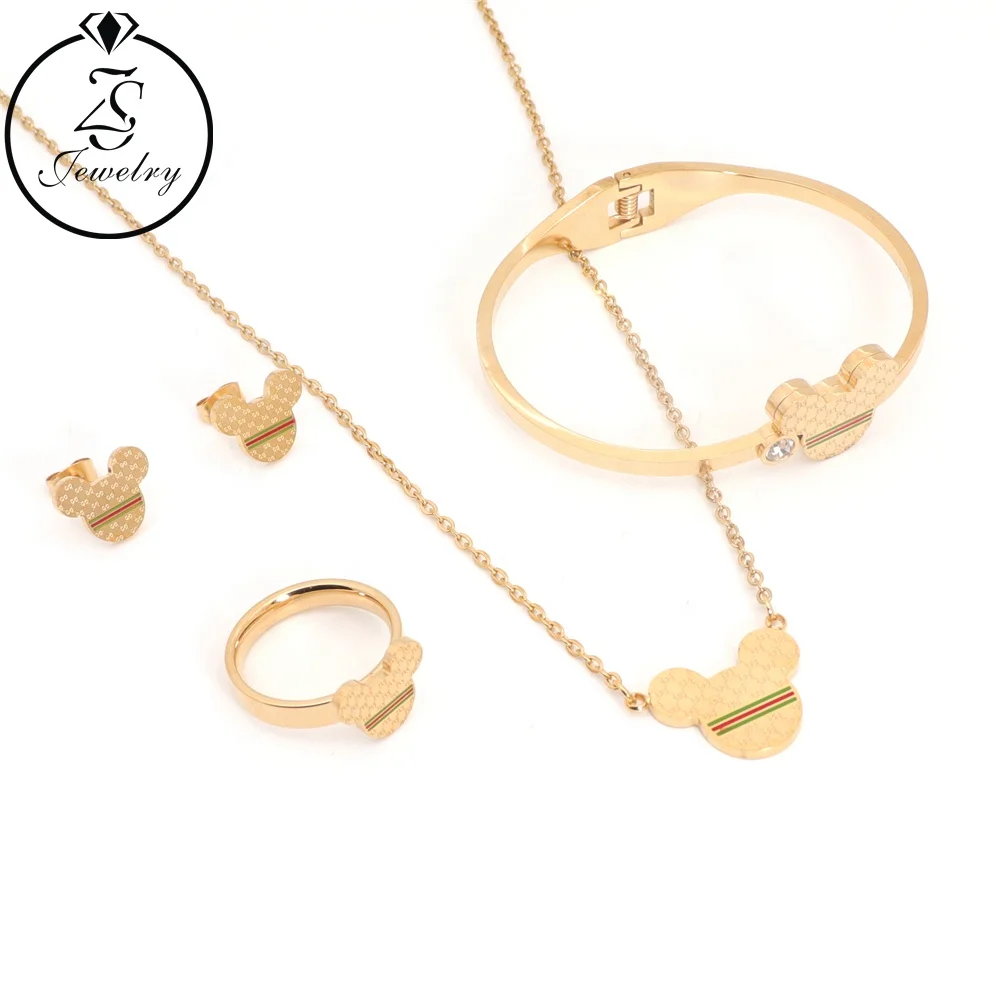 

Mouse Design Necklace And Earring Set Joyas De Stailess Steel Fashion Necklace Set Gold Plated Jewelry Bracelets, Gold color