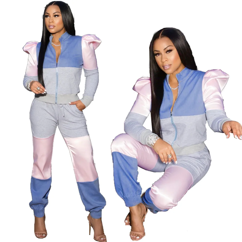 

Two Piece Fall Sets Women New 2021 Luxury Patch Bubble Sleeve Zip Jogger Set Women Two Piece Outfits Clothing