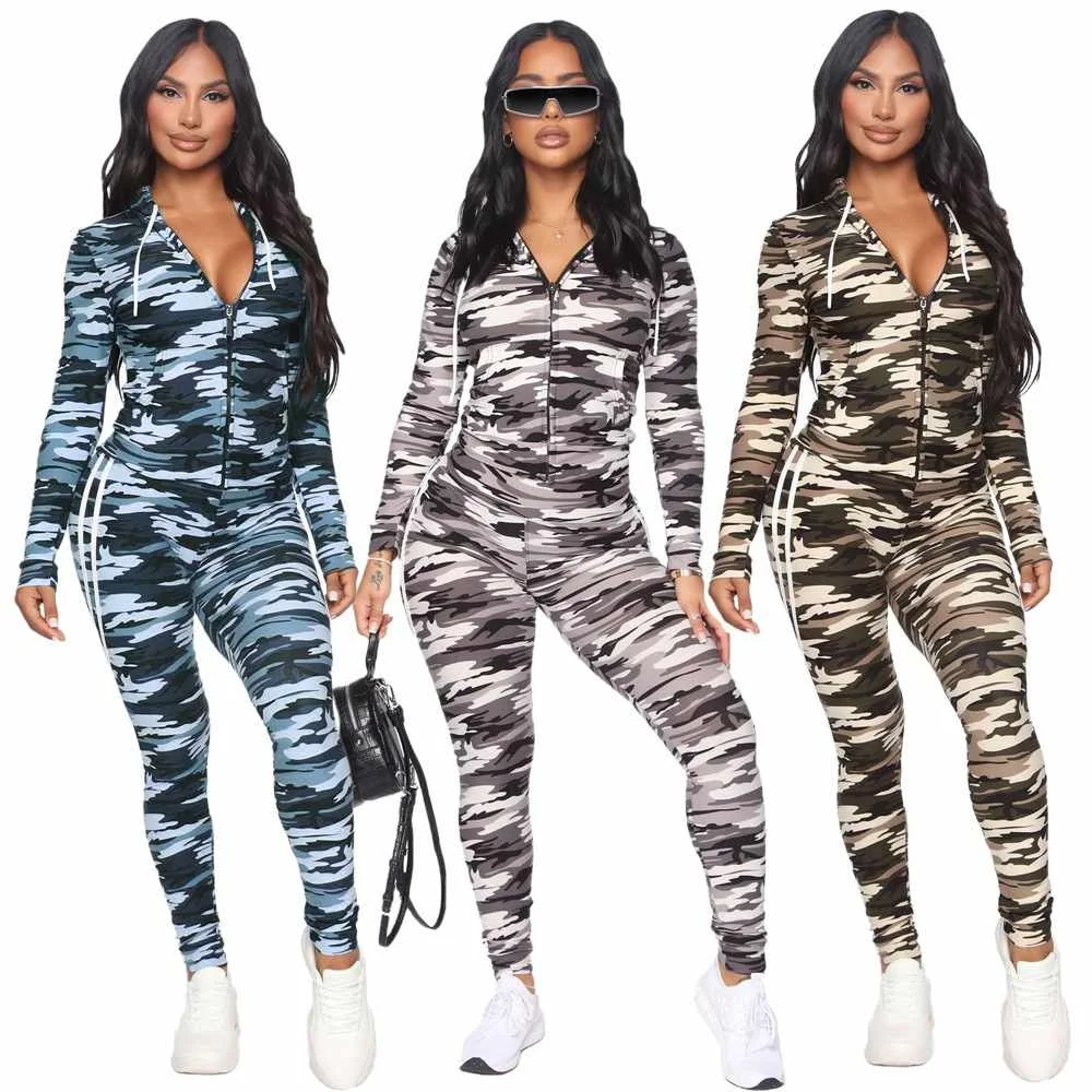 

Autumn Winter Casual Camouflage Pattern Hoodies Loose Women Clothing Two Piece Pants Set, 3 color