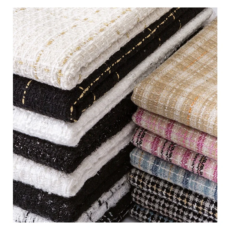 Wholesale 100% Polyester Woolen Fabric Fiber Plaid Check Woven Woolen Yarn Dyed Tweed Fabric for Coat Clothing Dress Vest Skirt