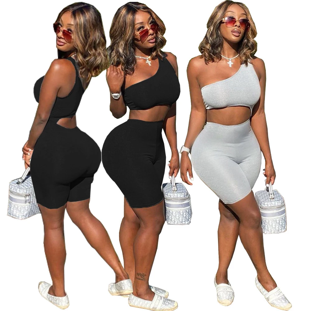 

YD - New One Shoulder Backless Solid Color Summer Clothing 2021 Sexy 2 Piece Sets Womens Summer