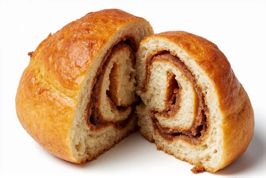 Starbucks cinnamon roll sliced open showing spiral layers of cinnamon filling and soft dough texture