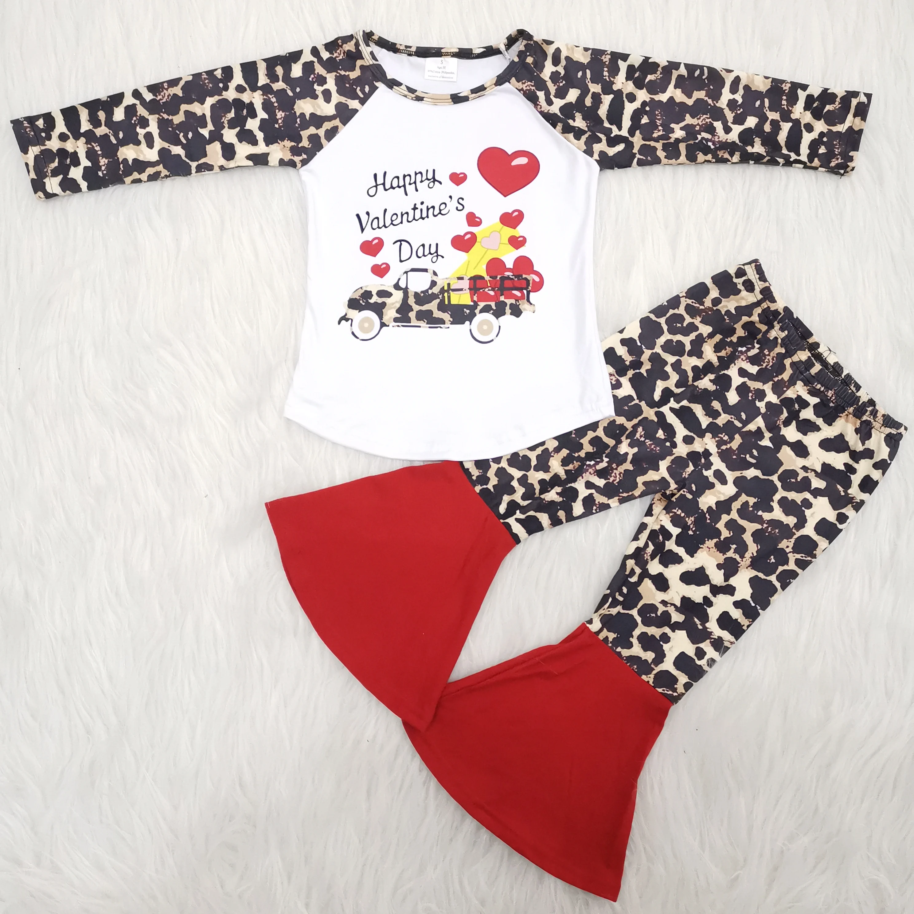 Valentine day baby outfit girl spring clothes suit long sleeve match leopard bell bottom pant winter outfit baby clothing outfit