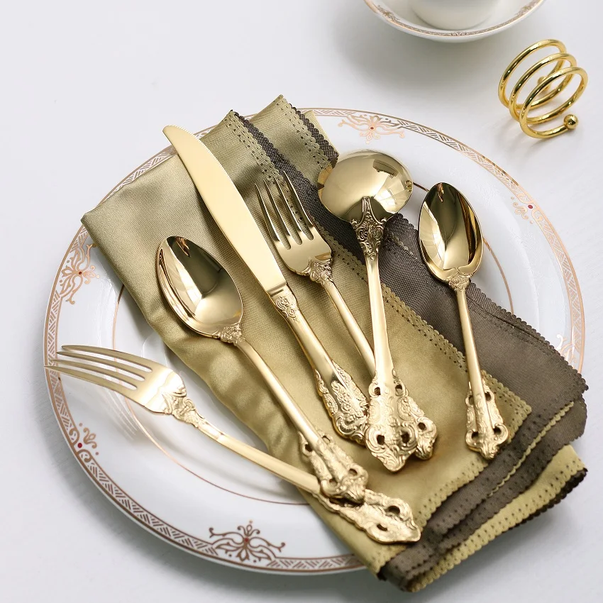 

High quality stainless steel tableware set Embossed Palace Style exquisite luxury gold customized logo