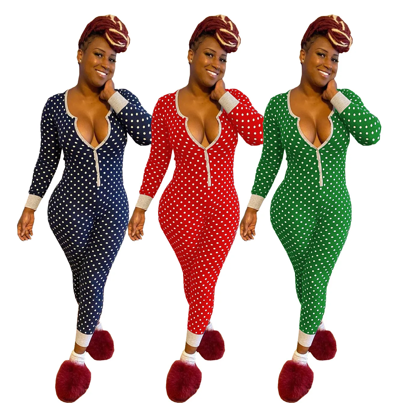 

wholesale fall Winter New Casual Cute printed pajama onesie womens long sleeve button Polka dot pajamas onesie for adults women, Colors,cute printed pajama rompers for women