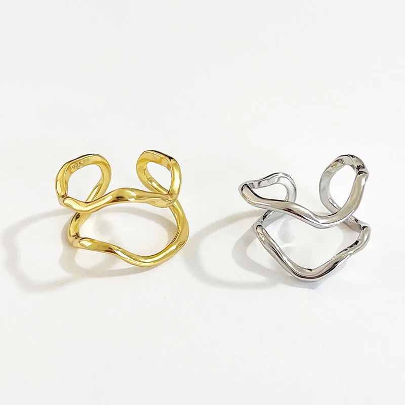 Geometric Double Layer Wave Shape Rings 925 Sterling Silver Women Jewelry