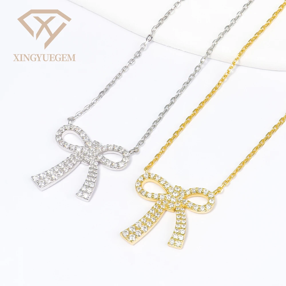 Custom High Quality 925 Sterling Silver Jewelry Trendy Design Bowknot Pendant Necklace with Round Brilliant Cut Moissanite