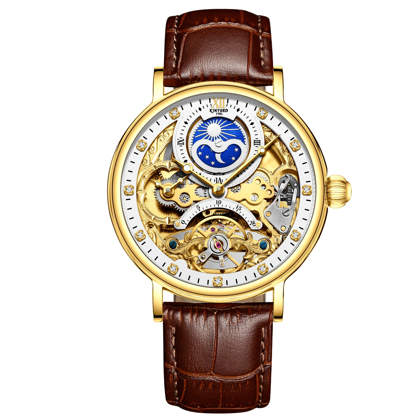 

KINYUED J055 new design wristwatch multifunctional two time zone mechanical luxury gold men's watch