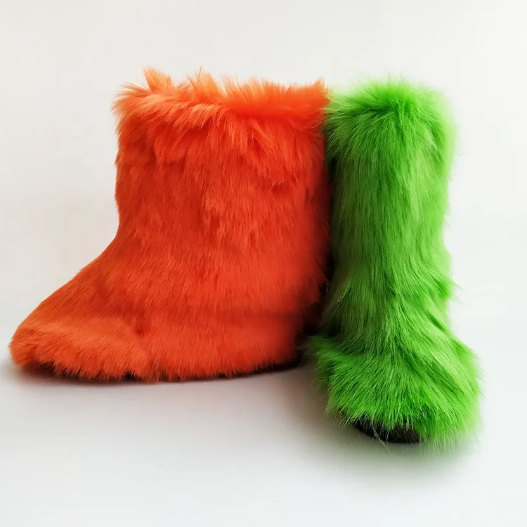 

2021 hot cheap bulk wholesale women colorful furry winter faux fox fur boots orange green snow boots