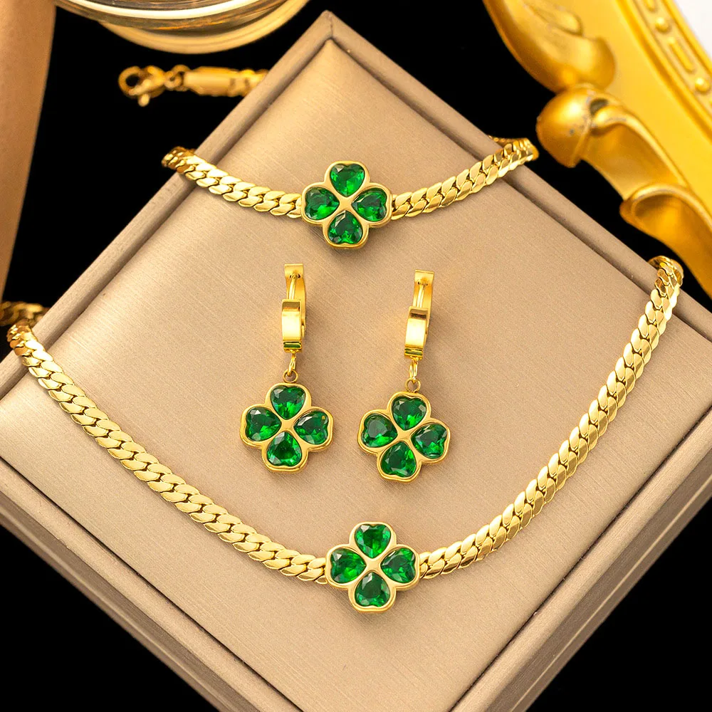 

Fashion Jewelry Set Women Stainless Steel 18k Gold Emerald Zircon Clover Flower Pendant Necklace Earrings And Bracelet Set Gift