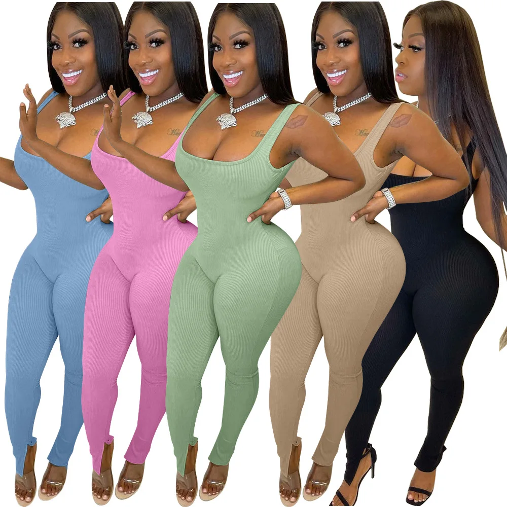 

H6688 - fashion bodycon knit sleeveless solid backless women jumpsuit