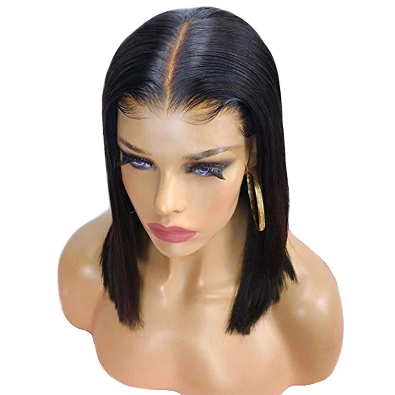 

Straight Lace Front Human Remy Hair Brazilian Wig Preplucked Bleached Knots 150% Density Short Bob Transparent Lace Wigs