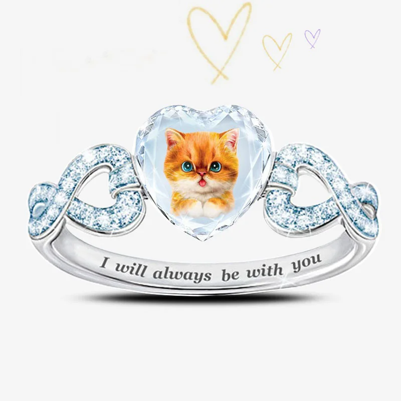 

New cartoon kitten heart-shaped crystal jewelry silver girl ring