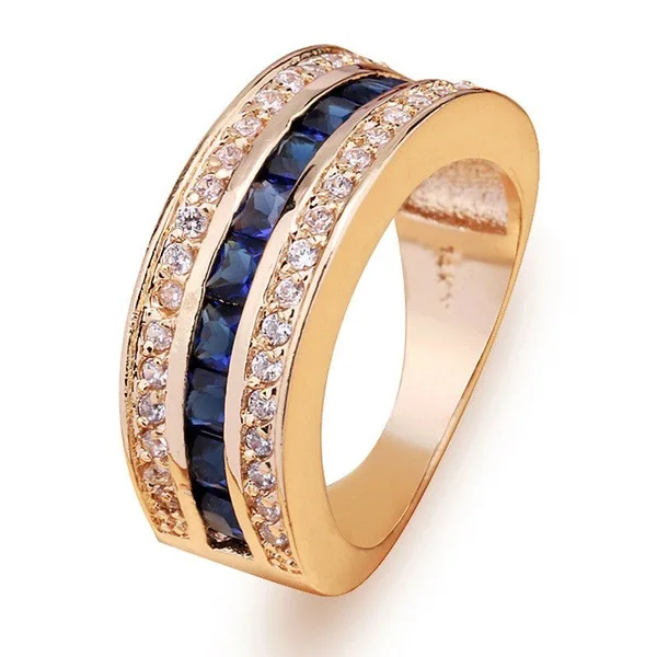 

Free Shipping Gold Plated Rings Blue Gemstone Proposal Women Wedding Engagement Ring Classic Jewelry Brand High Quality