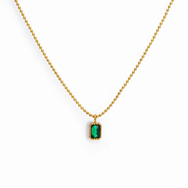 Minimalist Emerald Zircon Necklace 18K Gold Plated Necklace Stainless Steel Zircon Pendant Necklace