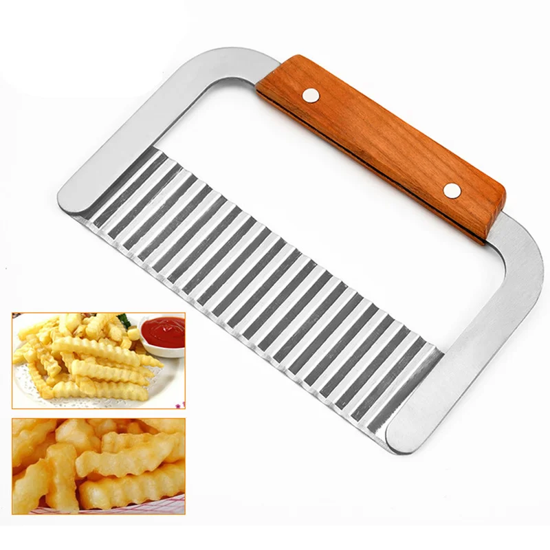 

Wooden Handle Steel Blade Slicer Vegetable French Fry Cutter Potato Wavy Crinkle Chopping Knife Kitchen Cutting Tools Gadgets