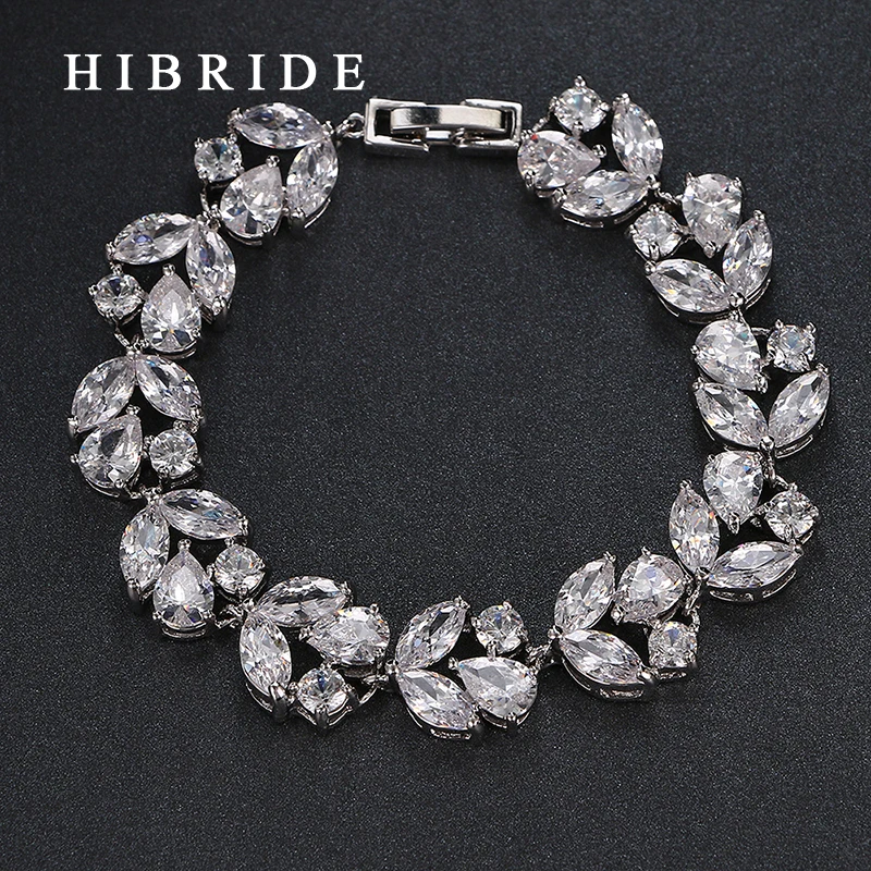 HIBRIDE JEWELRY Brand Charm Leaf Shape AAA Cubic Zircon Wedding BraceletsWhite Gold Color Bangles Luxury Women Jewelry B-17