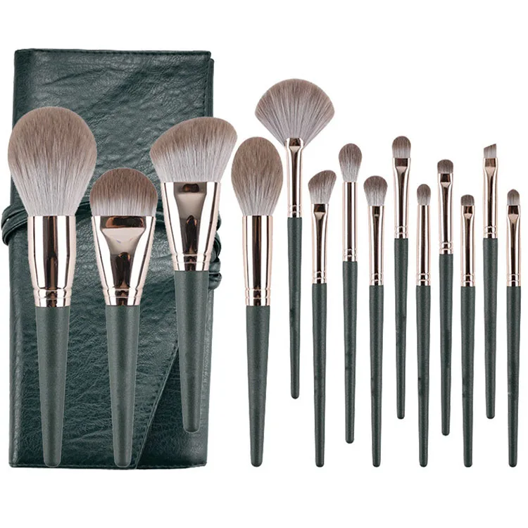 

14pcs Green Private Label Nylon Hair Makeup Brush Set With Bag Plastic Handle Foundation Eyebrow Makeup Brushes Pincel Maquiagem