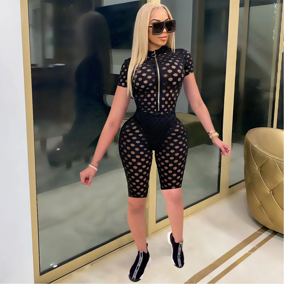 

2021 Wholesale Summer Mesh Fishnet See Through Black Bodycon Club Streetwear Women Deep V Neck Rompers Shorts Jumpsuit