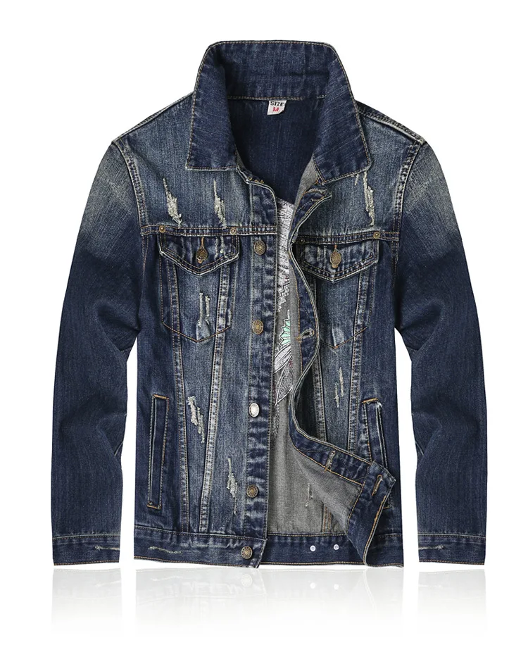 

Customized Factory Price Denim Jacket Dark Blue Color Ripped Men's Jackets Fashion Design The Indian Pattern Jackets For Men