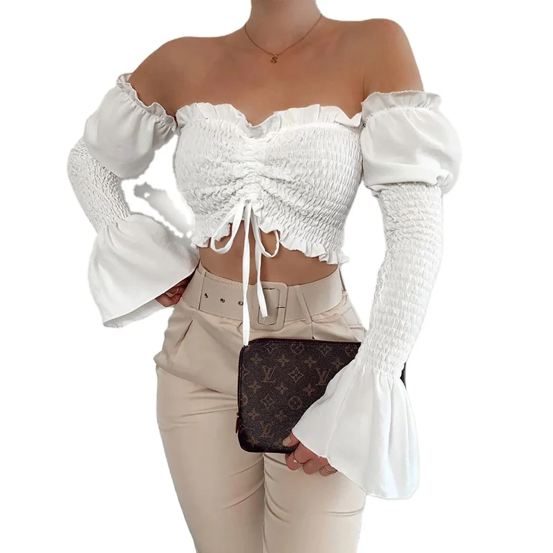 

2020 new arrivals summer off shoulder long sleeve ruched women fashion crop top