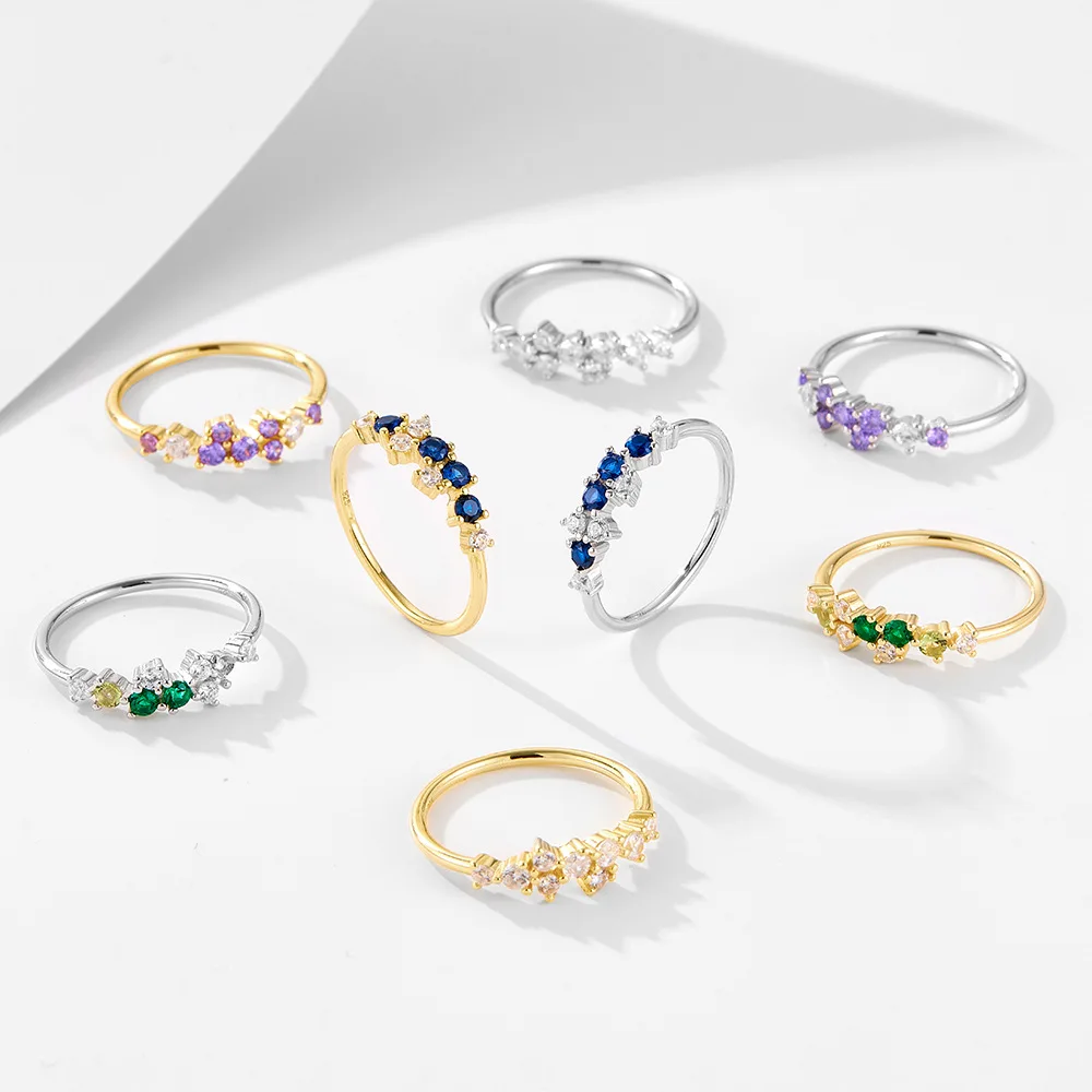 Fashion Jewelry 925 Sterling Silver Rings for Women 18K Gold Plated Multicolored Zircon Minimalist Versatile 925 Silver Rings