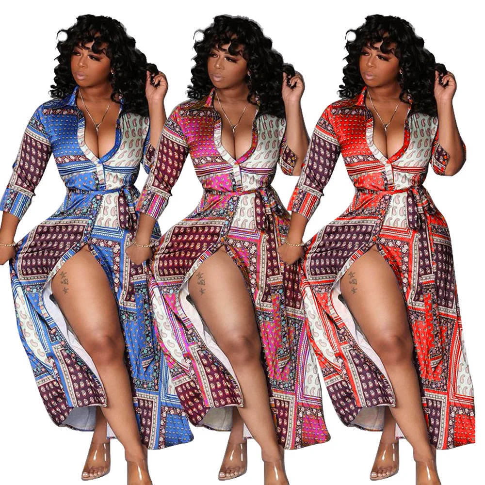 

New Design Women Fashion Plus Size Casual Dresses Fall Print Long Shirts 2021 Women Clothing