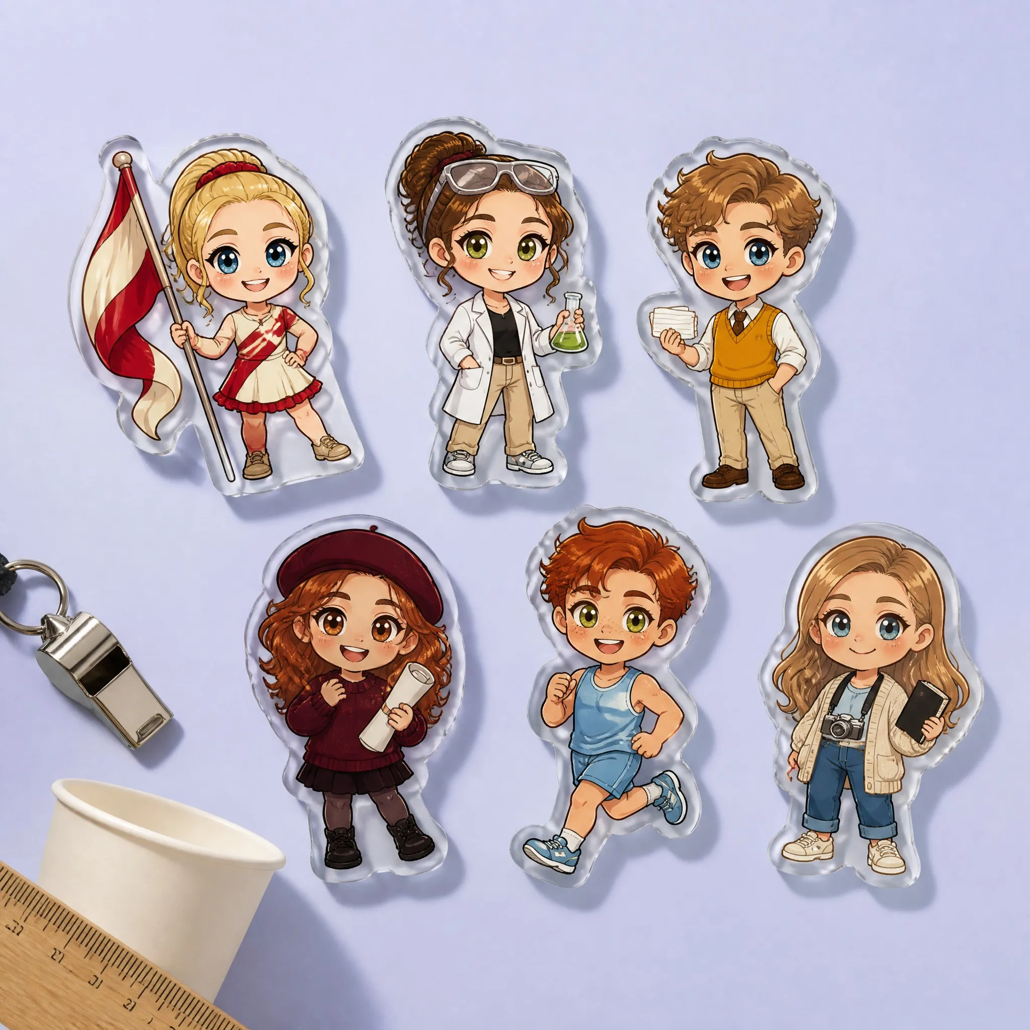 6 Academics and Creative Clubs Chibi Figures: Color Guard Flag, Chemistry Lab Scientist, Debate Valedictorian, Architecture Beret, Track Runner, Literature Club