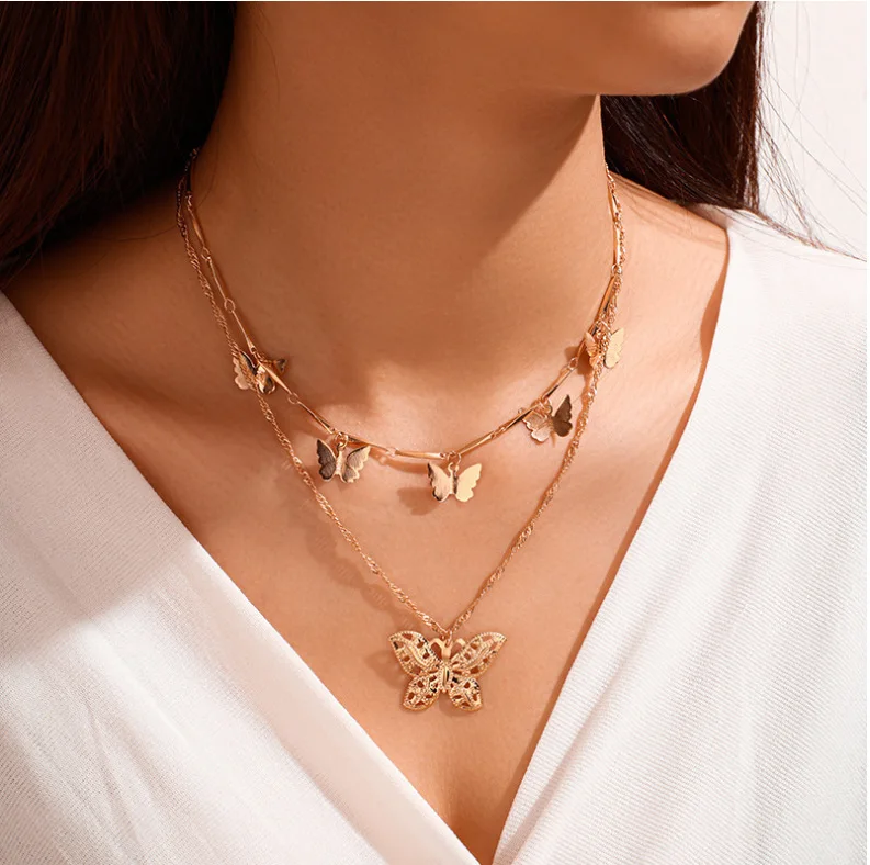 

New European and American double gold butterfly alloy ladies necklace choker chain