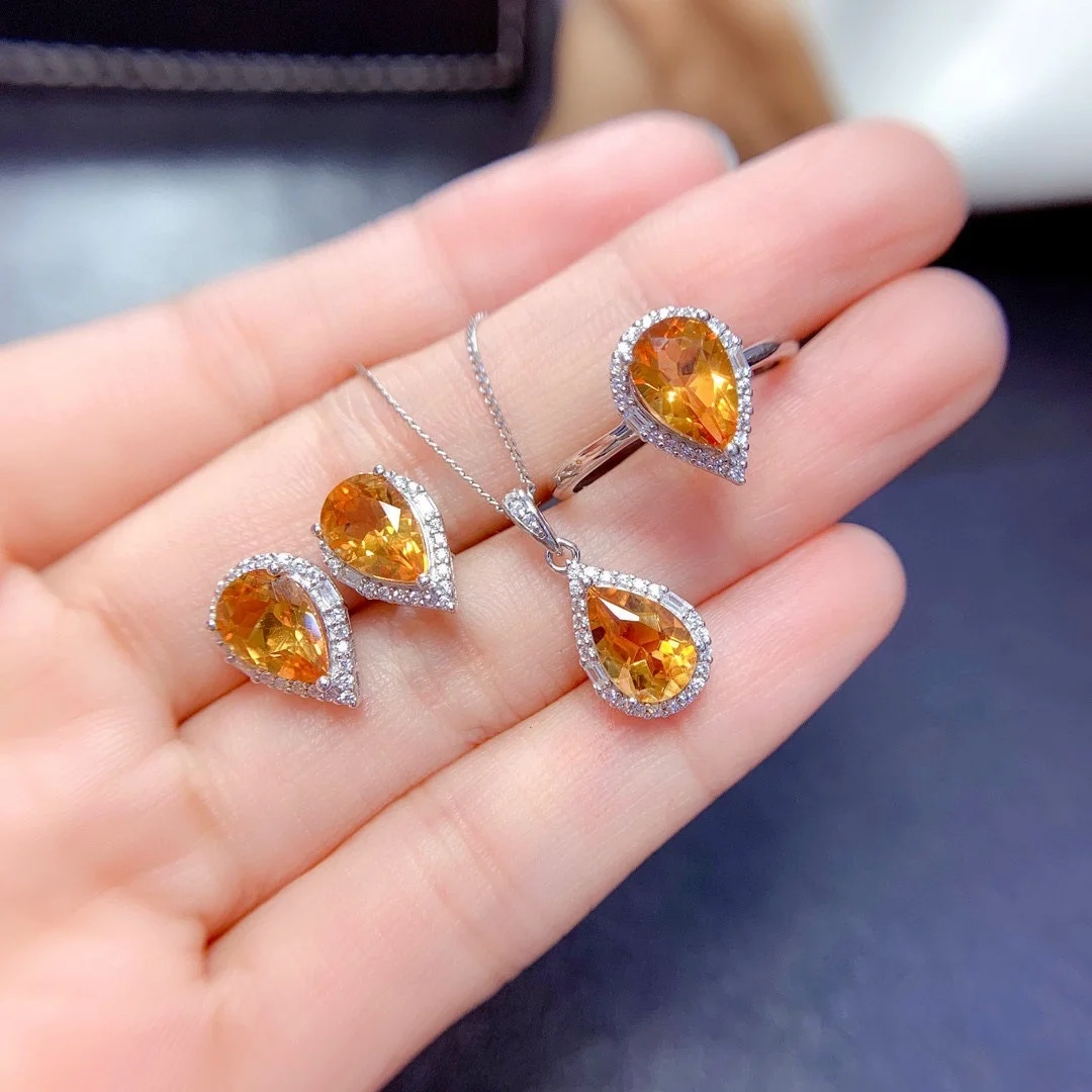 

Exquisite Yellow Crystal Zircon Diamonds Gemstones Pendant Necklaces Ring Earrings Jewelry Sets for Women Gifts, Picture shows